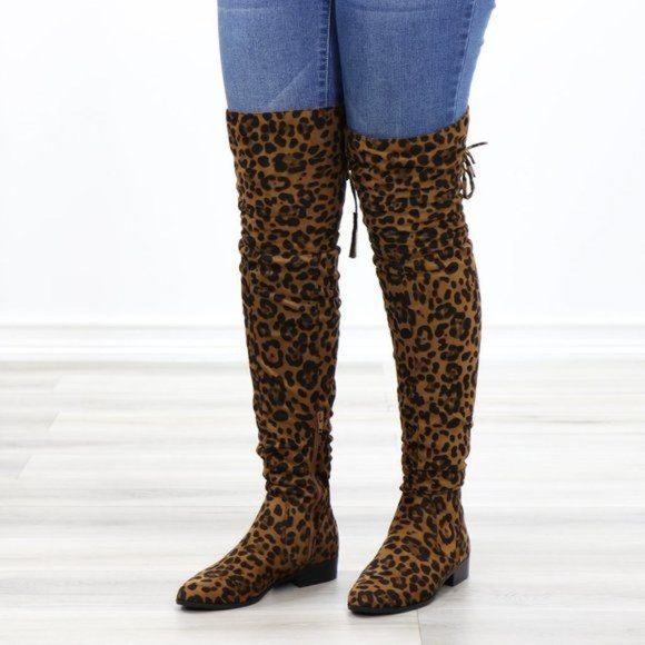Leopard Suede Thigh High Flat Boot Lace Up Back - Picture 12 of 14